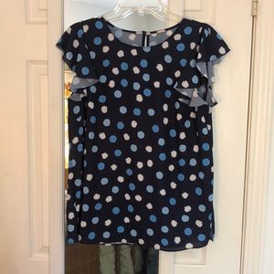 Tahari blue and white polka dot blouse